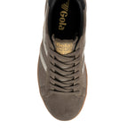 Top-down view of a Gola trainer in grey suede with white stripes and a gum sole