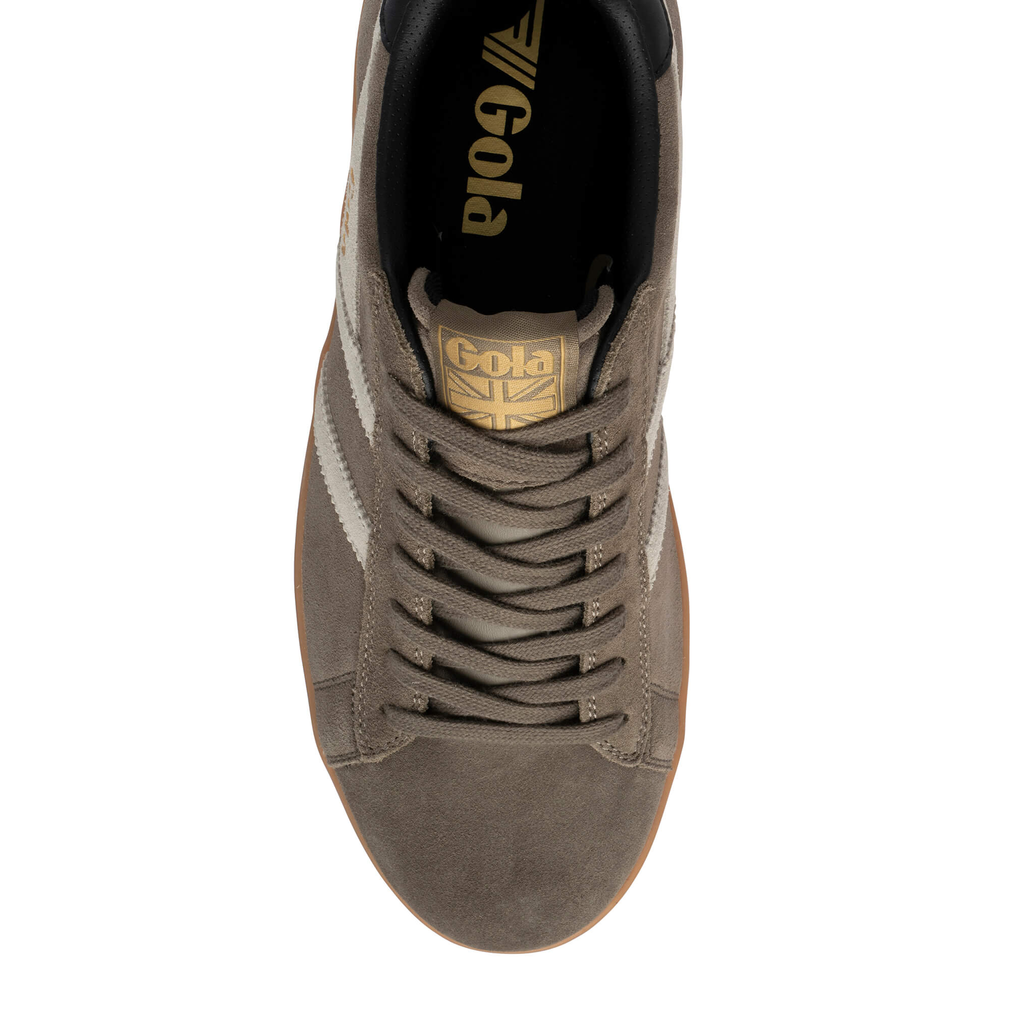 Top-down view of a Gola trainer in grey suede with white stripes and a gum sole