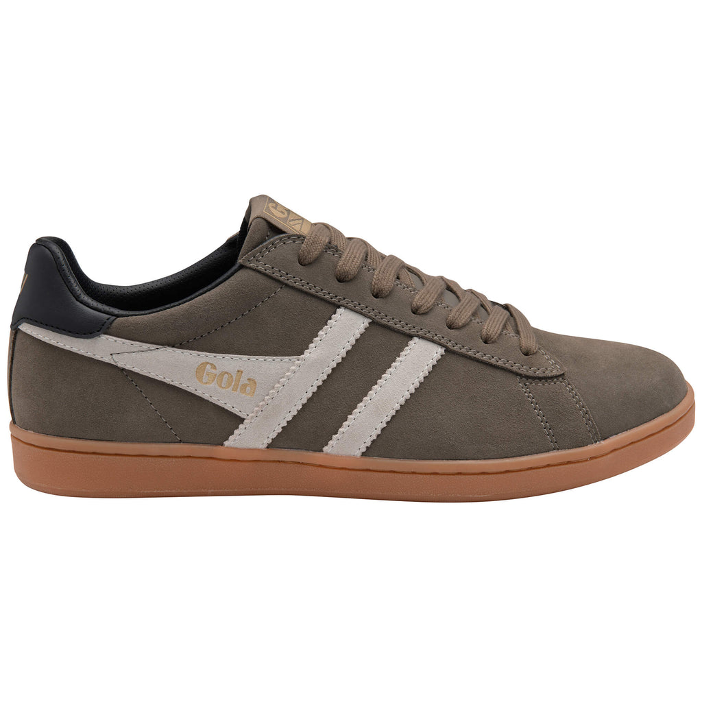 Gola men's trainer in khaki with white stripes and a gum sole