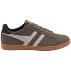 Gola men's trainer in khaki with white stripes and a gum sole