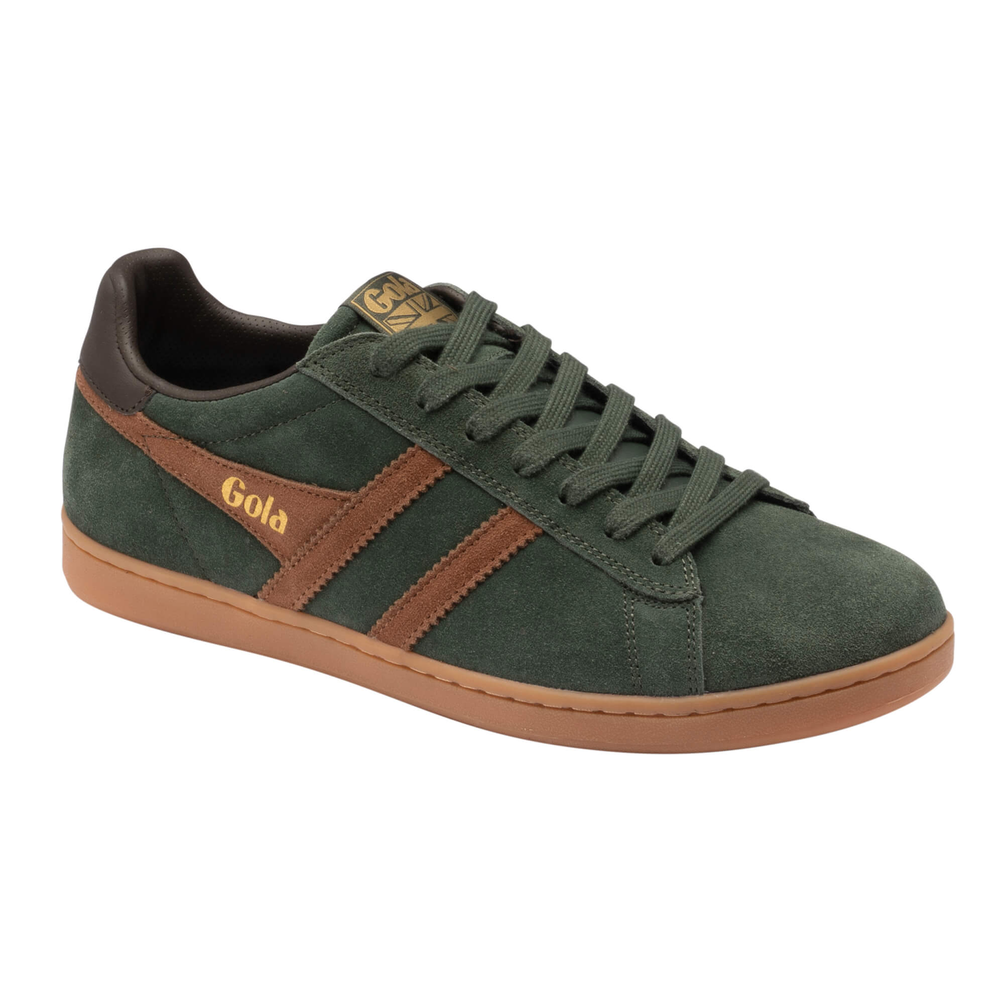 Gola men's Harrier suede trainers in dark green with brown stripes and gum sole