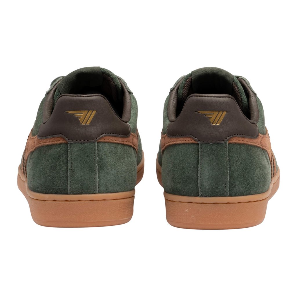 Pair of green suede trainers with brown accents and gum soles, rear view