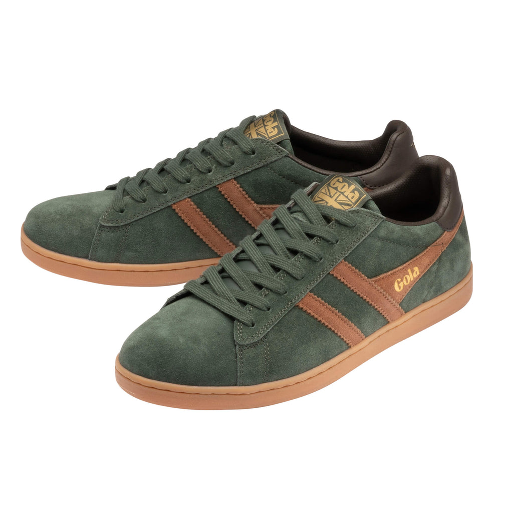 Pair of Gola men's trainers in green suede with brown stripes and gum sole
