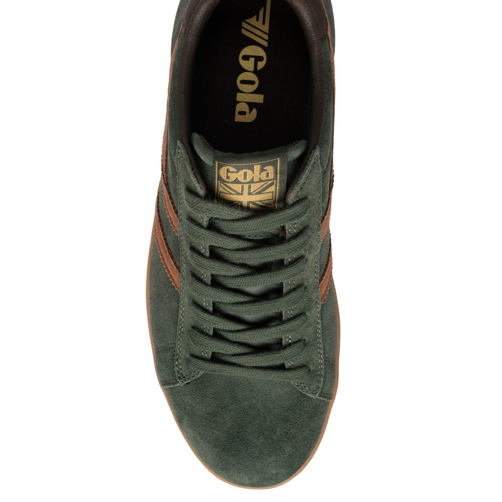 Top-down view of a Gola trainer in green suede with brown stripes and a brown sole