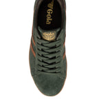 Top-down view of a Gola trainer in green suede with brown stripes and a brown sole