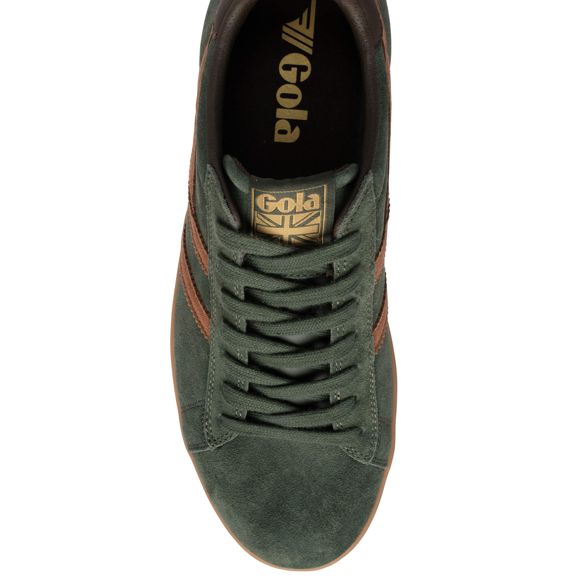 Top-down view of a Gola trainer in green suede with brown stripes and a brown sole