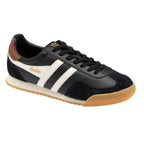Black Gola Harrier trainers with white stripes, brown heel tab, and gum sole