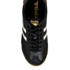 Black Gola trainer with white stripes and a brown heel tab