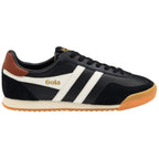 Black Gola Harrier trainers with white stripes, brown heel trim, and a gum sole