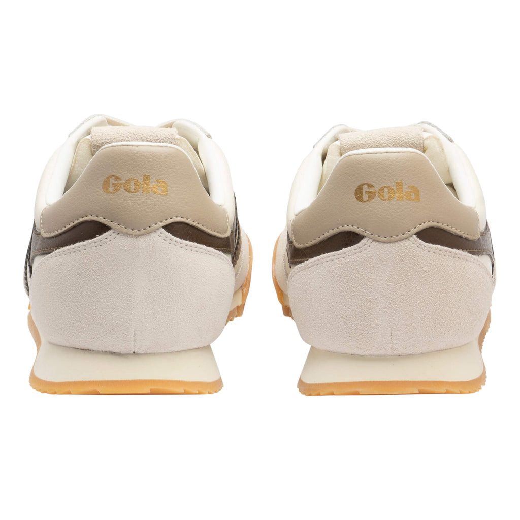 Rear view of two Gola trainers in off-white, brown, and beige