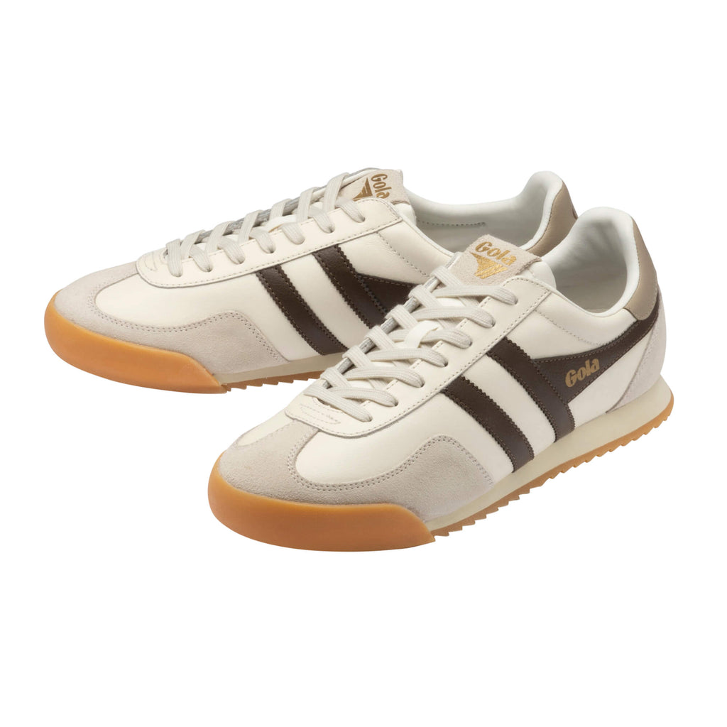 Pair of Gola Harrier trainers in off-white with brown stripes and gum sole