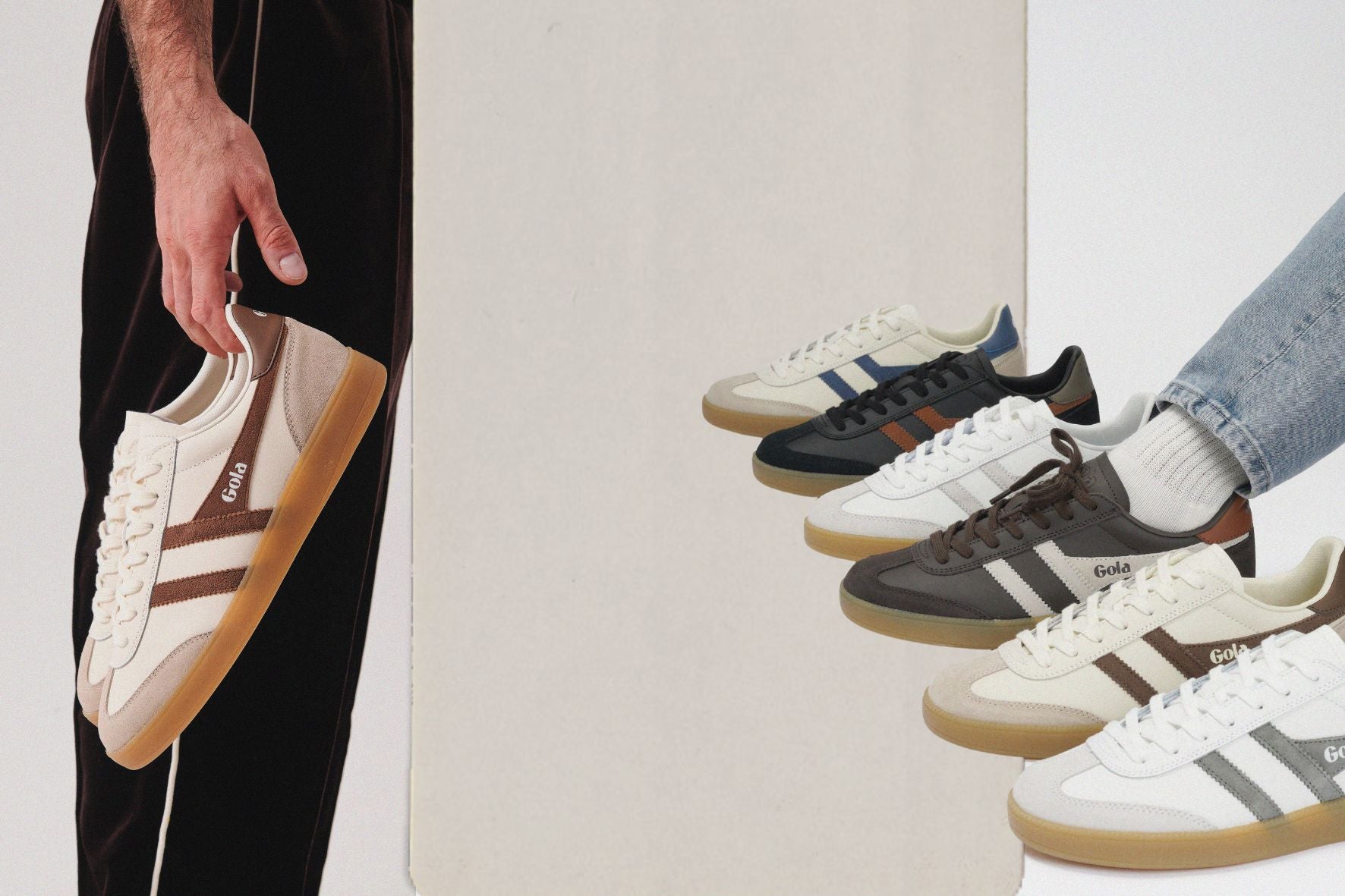 A hand holding a Gola trainer next to a selection of Gola trainers in various colourways