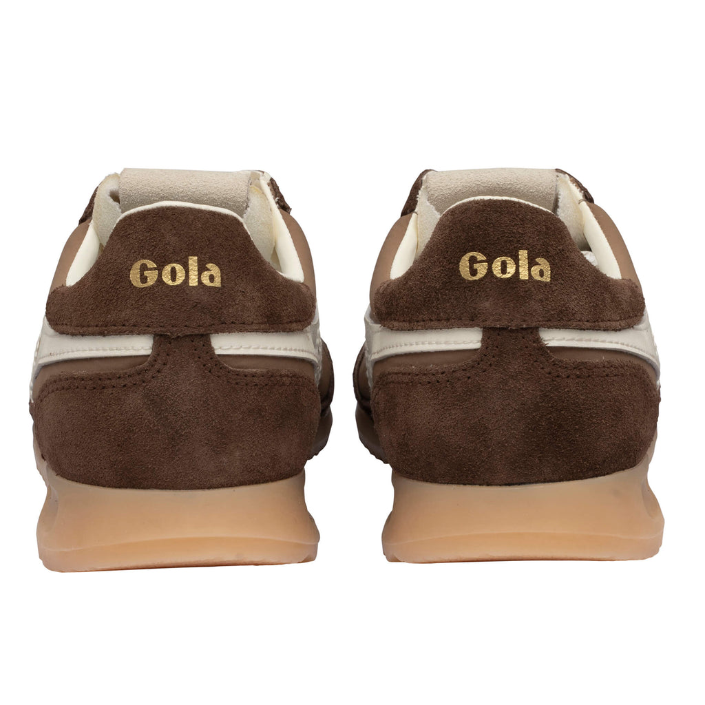 Pair of Gola trainers, brown suede with white trim and Gola branding on the heel