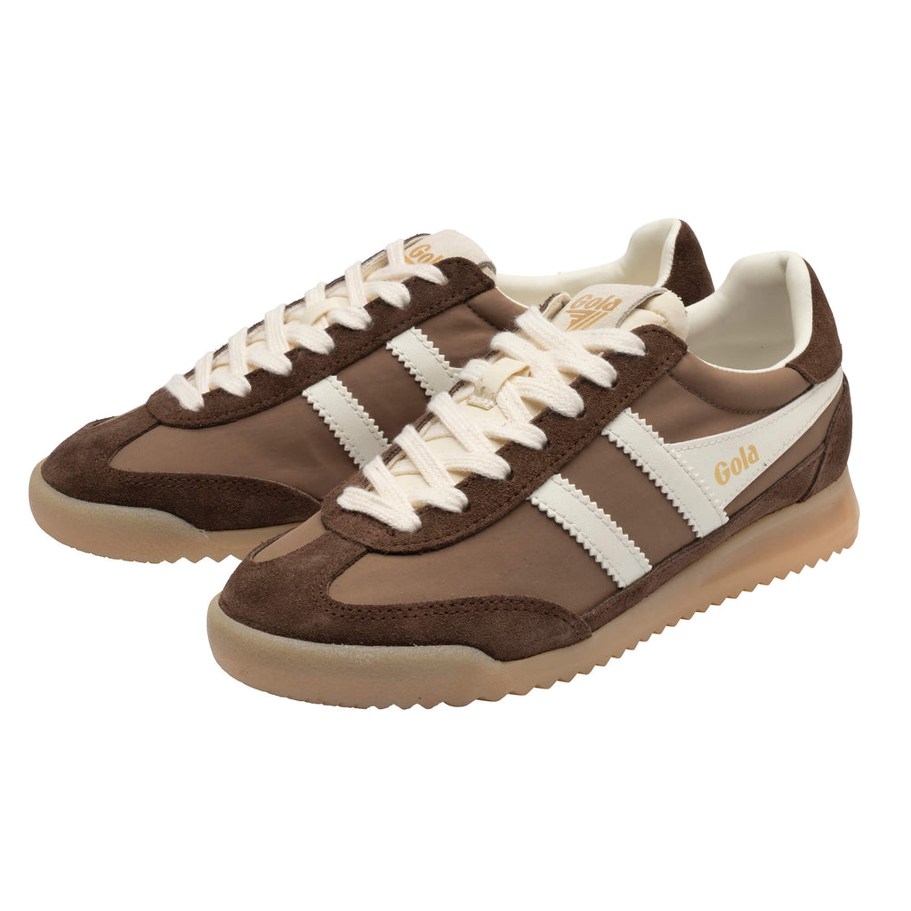 Pair of Gola Harrier trainers in brown with white stripes and cream laces