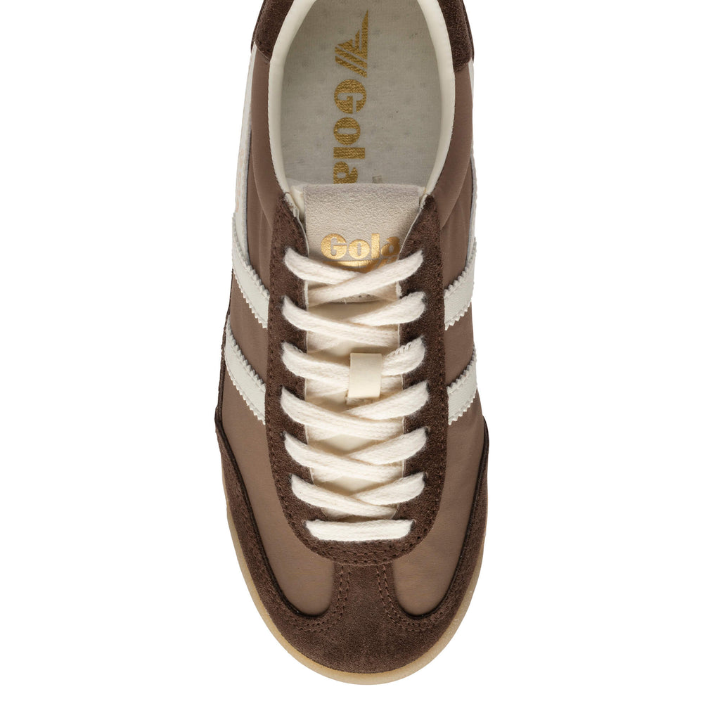 Brown Gola trainer with white laces and stripes