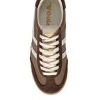 Brown Gola trainer with white laces and stripes