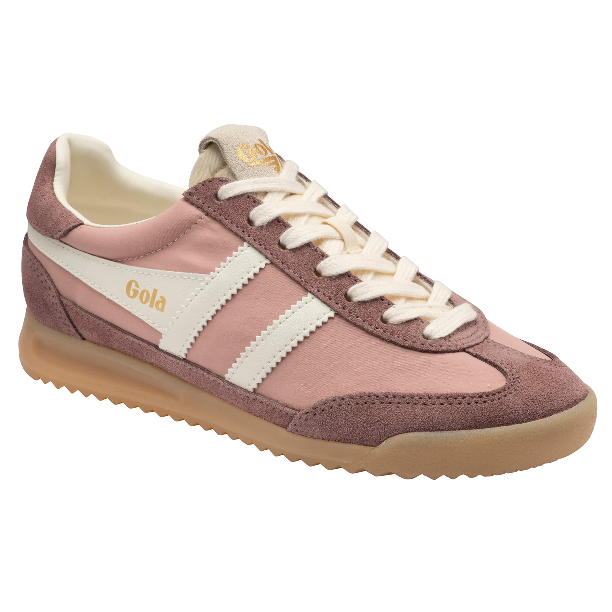 Gola women's trainer in pink and burgundy with white stripes and cream laces