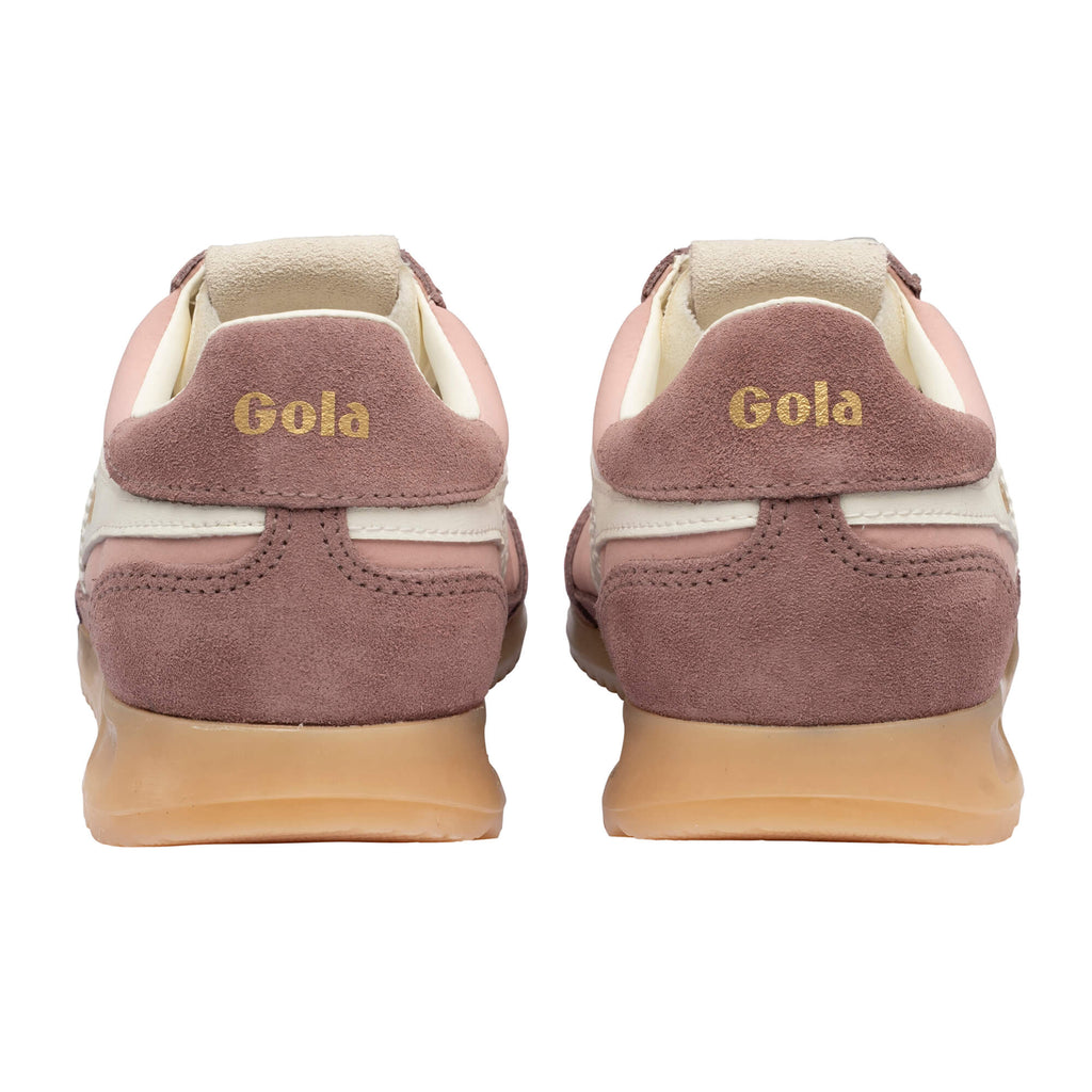 Pair of Gola trainers, back view, in pink and brown suede with a gum sole