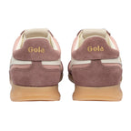 Pair of Gola trainers, back view, in pink and brown suede with a gum sole
