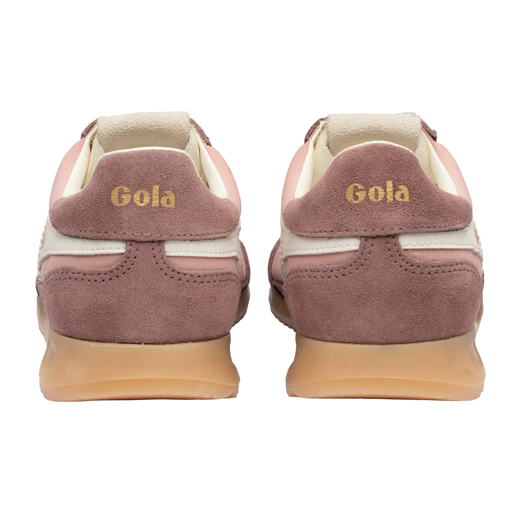 Pair of Gola trainers, back view, in pink and brown suede with a gum sole
