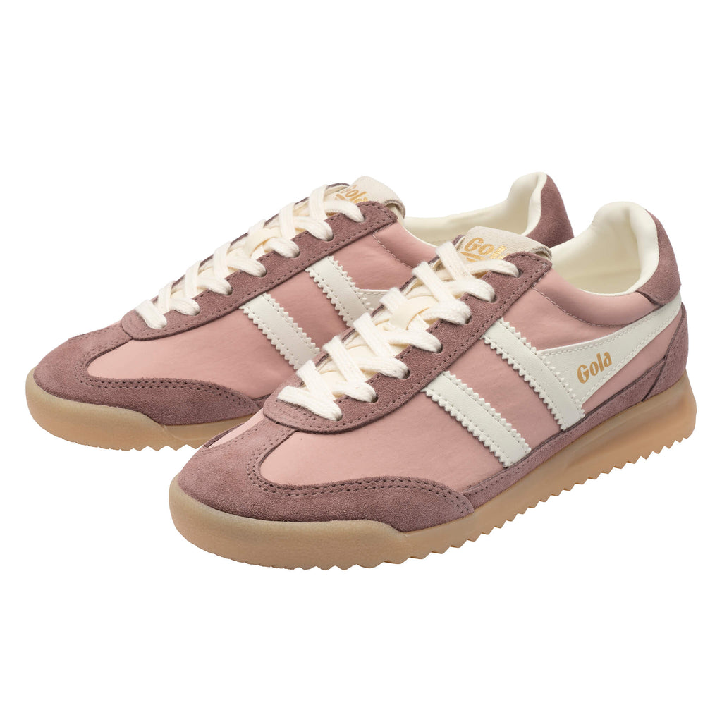 Pair of Gola trainers in pink with white stripes and cream laces