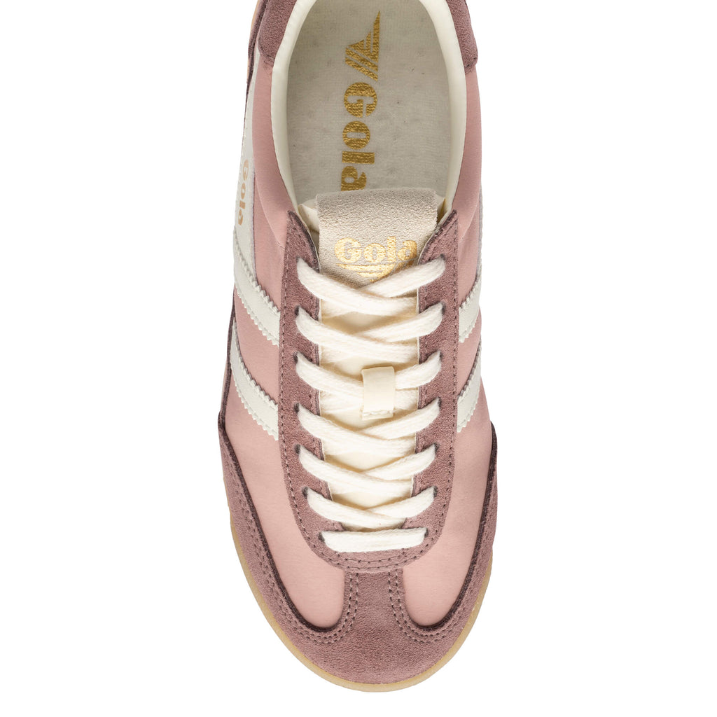 Top-down view of a Gola trainer in pink with white stripes and cream laces