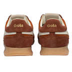 Pair of Gola trainers, back view, in brown suede and off-white with Gola branding in gold