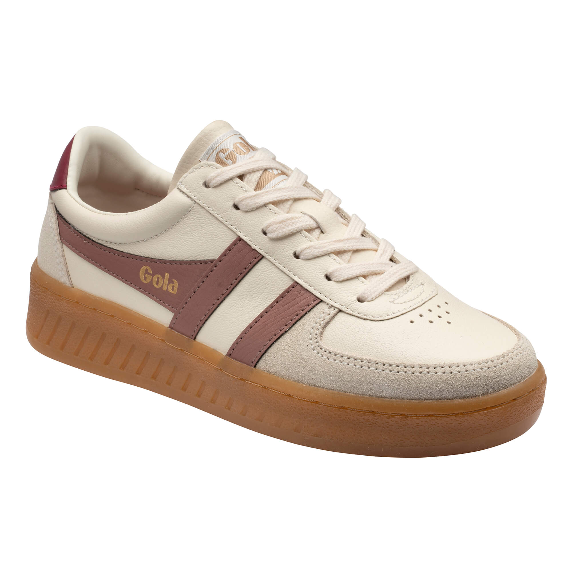 Gola women's trainer in off-white with maroon stripes and a gum sole