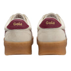 Pair of Gola trainers, rear view, with cream suede and burgundy leather accents
