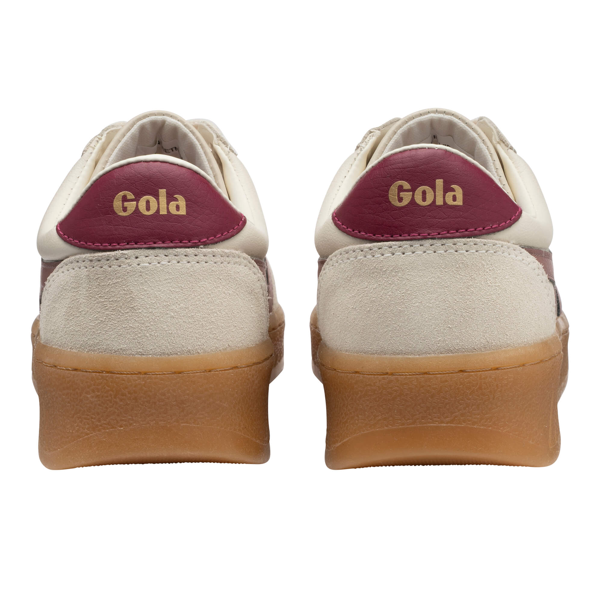Pair of Gola trainers, rear view, with cream suede and burgundy leather accents