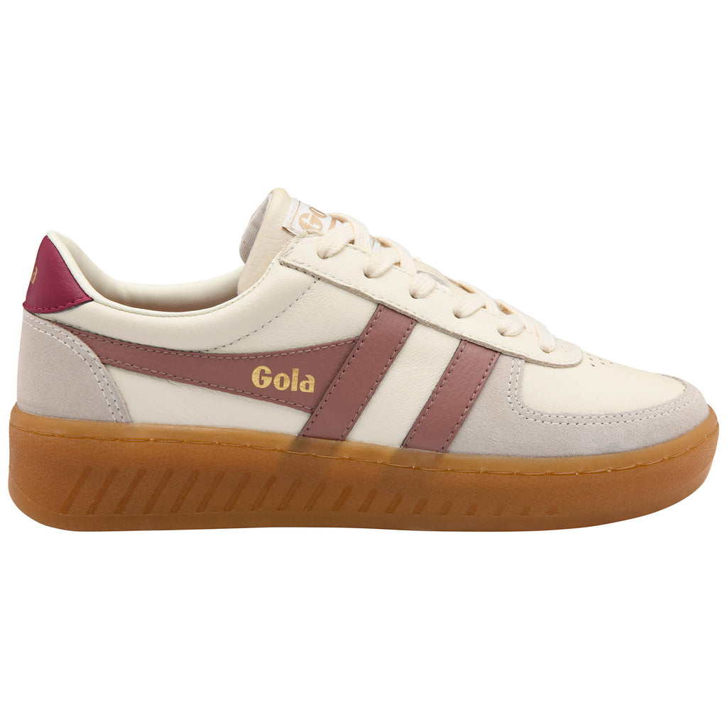 Gola women's trainer in off-white with burgundy stripes and a gum sole