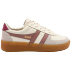 Gola women's trainer in off-white with burgundy stripes and a gum sole