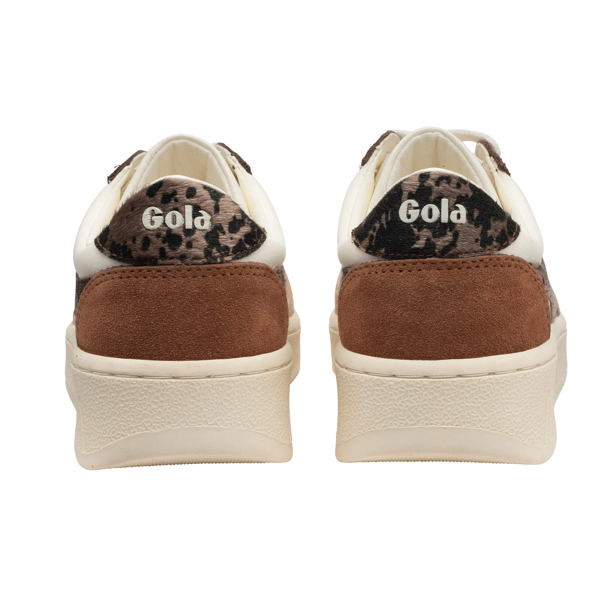 Pair of Gola trainers, rear view, with leopard print and brown suede detailing