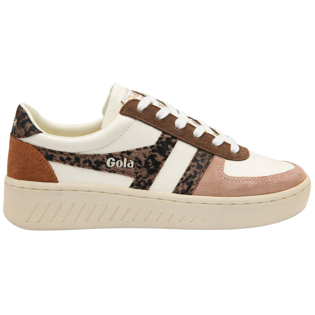 Gola women's trainer in white, brown, and leopard print
