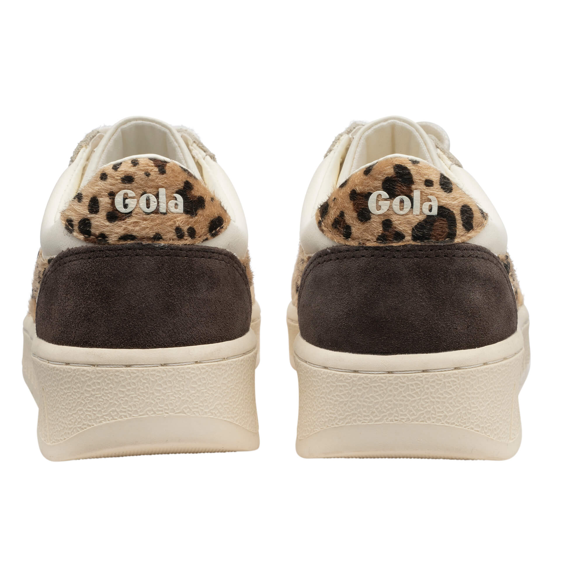 Rear view of two Gola trainers with leopard print and dark brown suede accents
