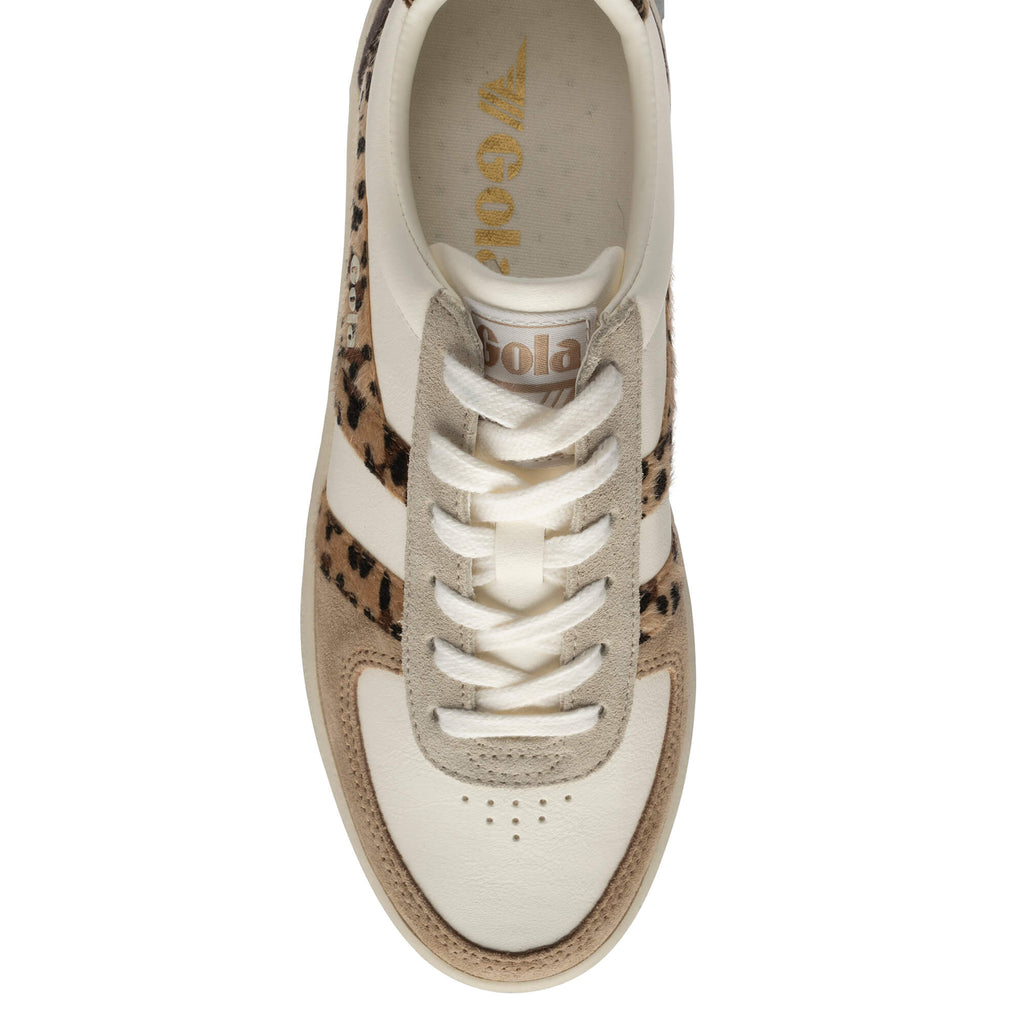 Gola women's trainer in off-white with leopard print and beige suede detailing