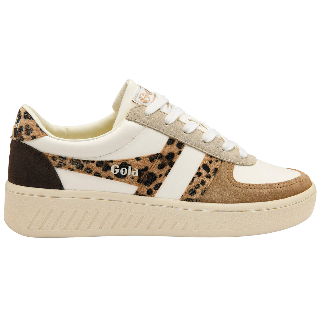 Gola women's trainer in off-white with leopard print and brown suede accents