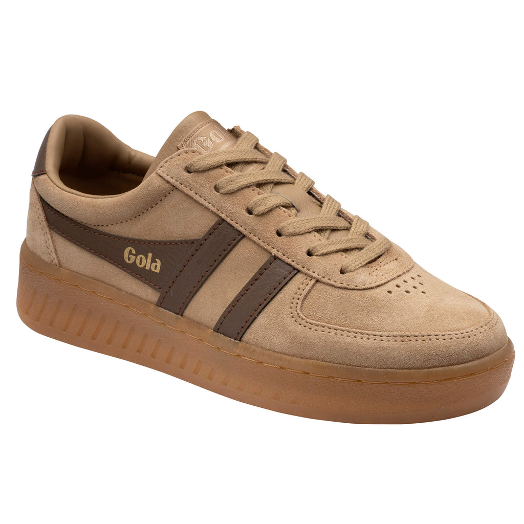 Gola women's trainer in tan suede with brown stripes and a brown sole