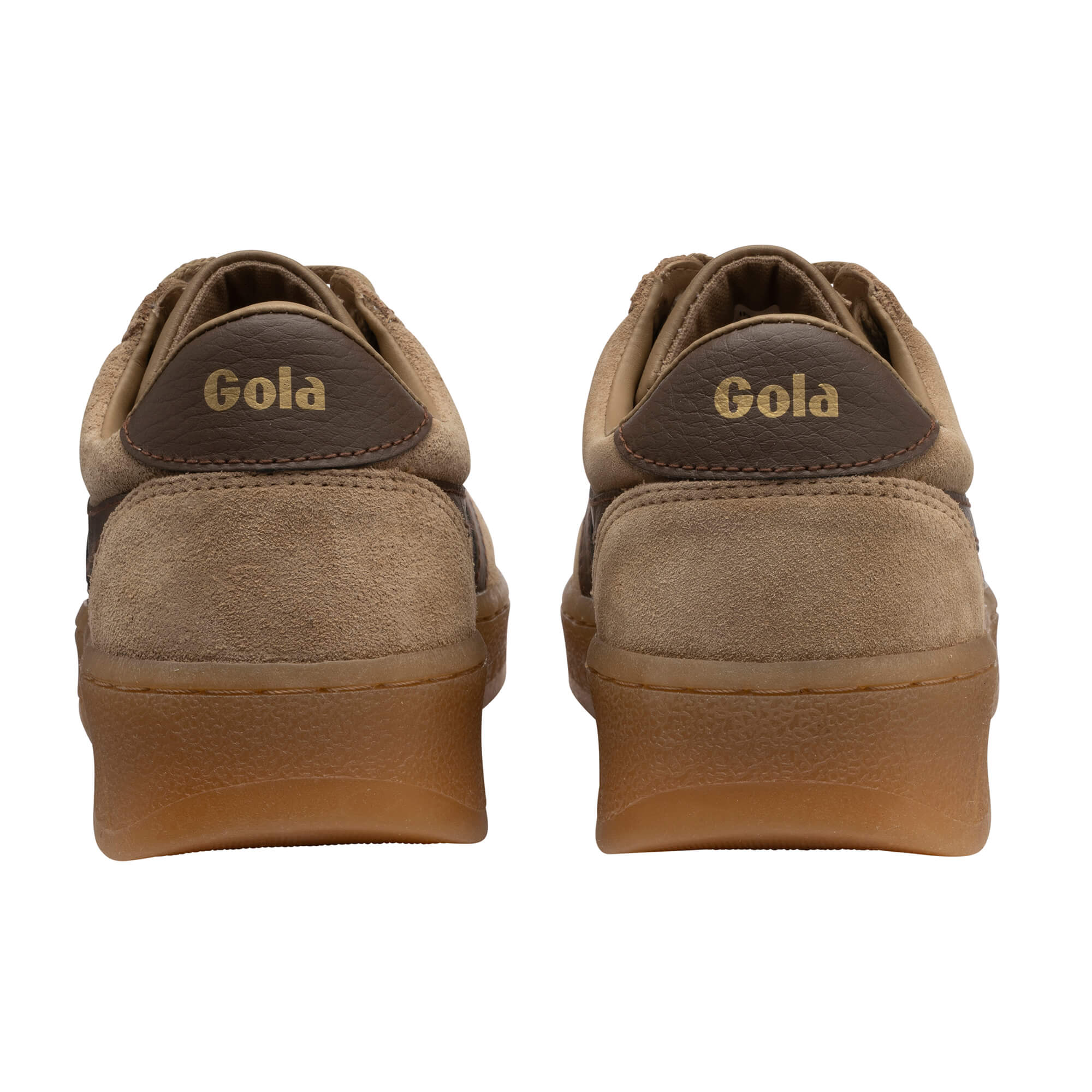 Pair of Gola trainers, rear view, in light brown suede with dark brown heel trim and gum soles