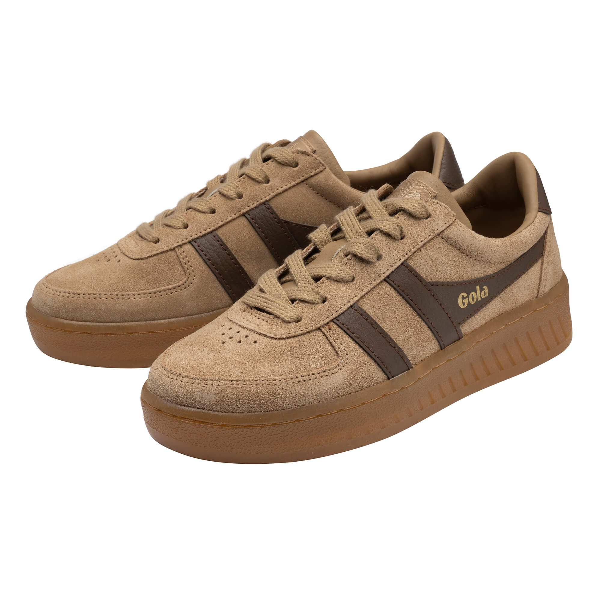 Pair of Gola Elan trainers in tan suede with dark brown stripes and gum sole