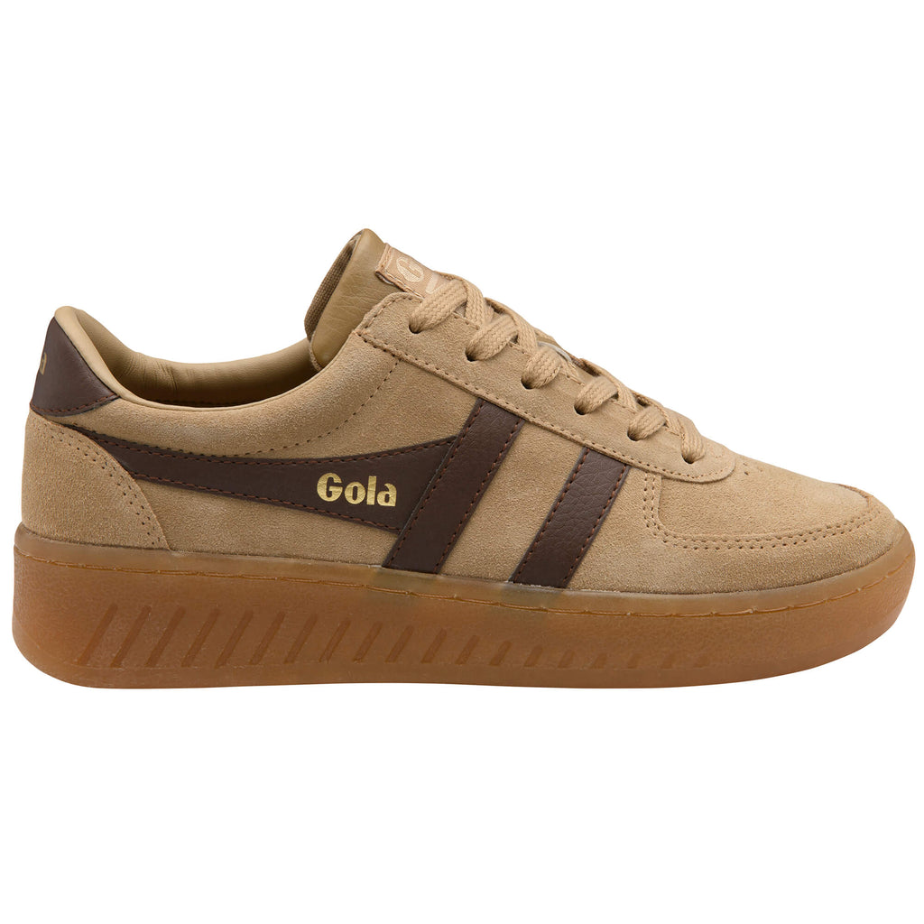 Gola men's trainer in tan suede with brown stripes and gum sole