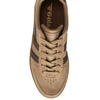 Top-down view of a Gola Harrier trainer in tan suede with dark brown stripes and laces