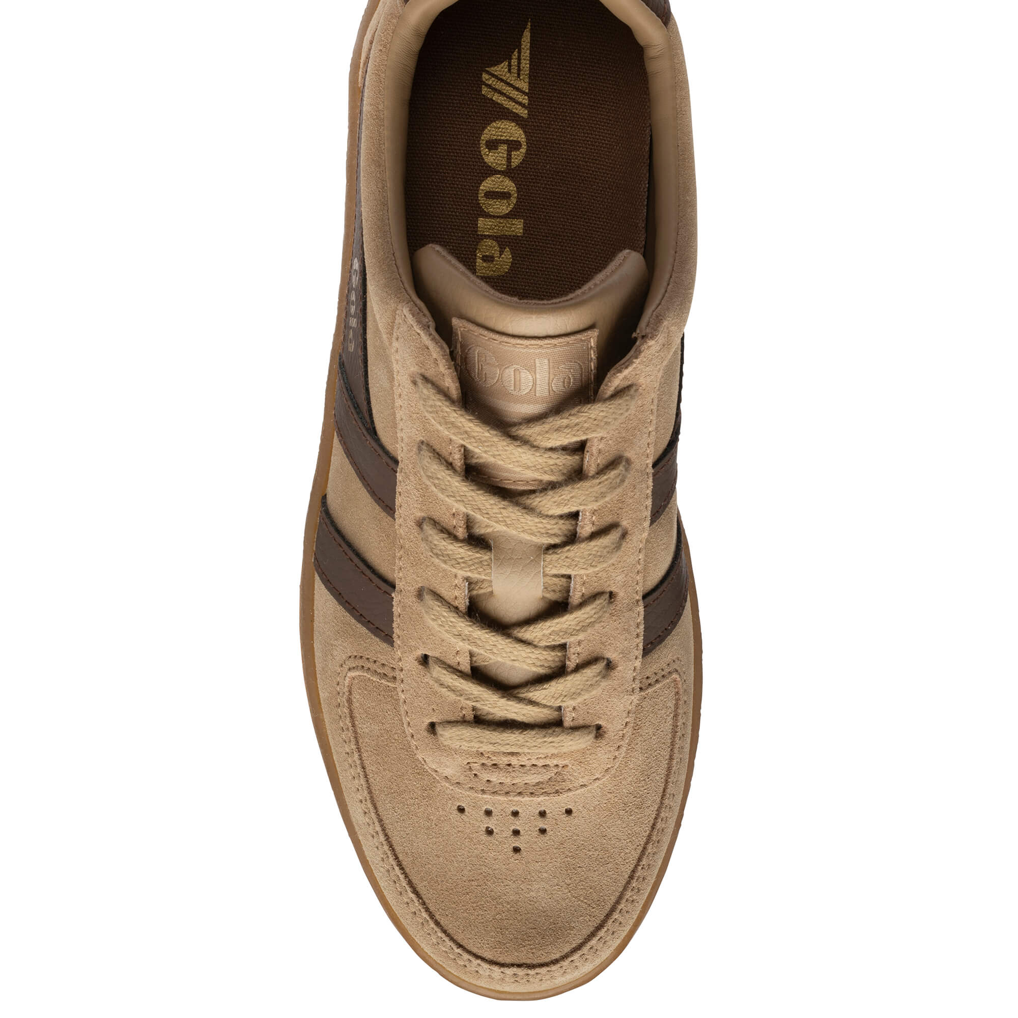 Top-down view of a Gola Harrier trainer in tan suede with dark brown stripes and laces