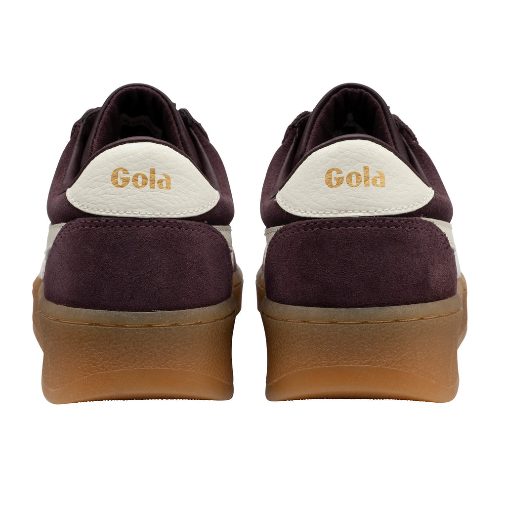 Pair of Gola trainers, burgundy suede with cream trim and gum soles, rear view