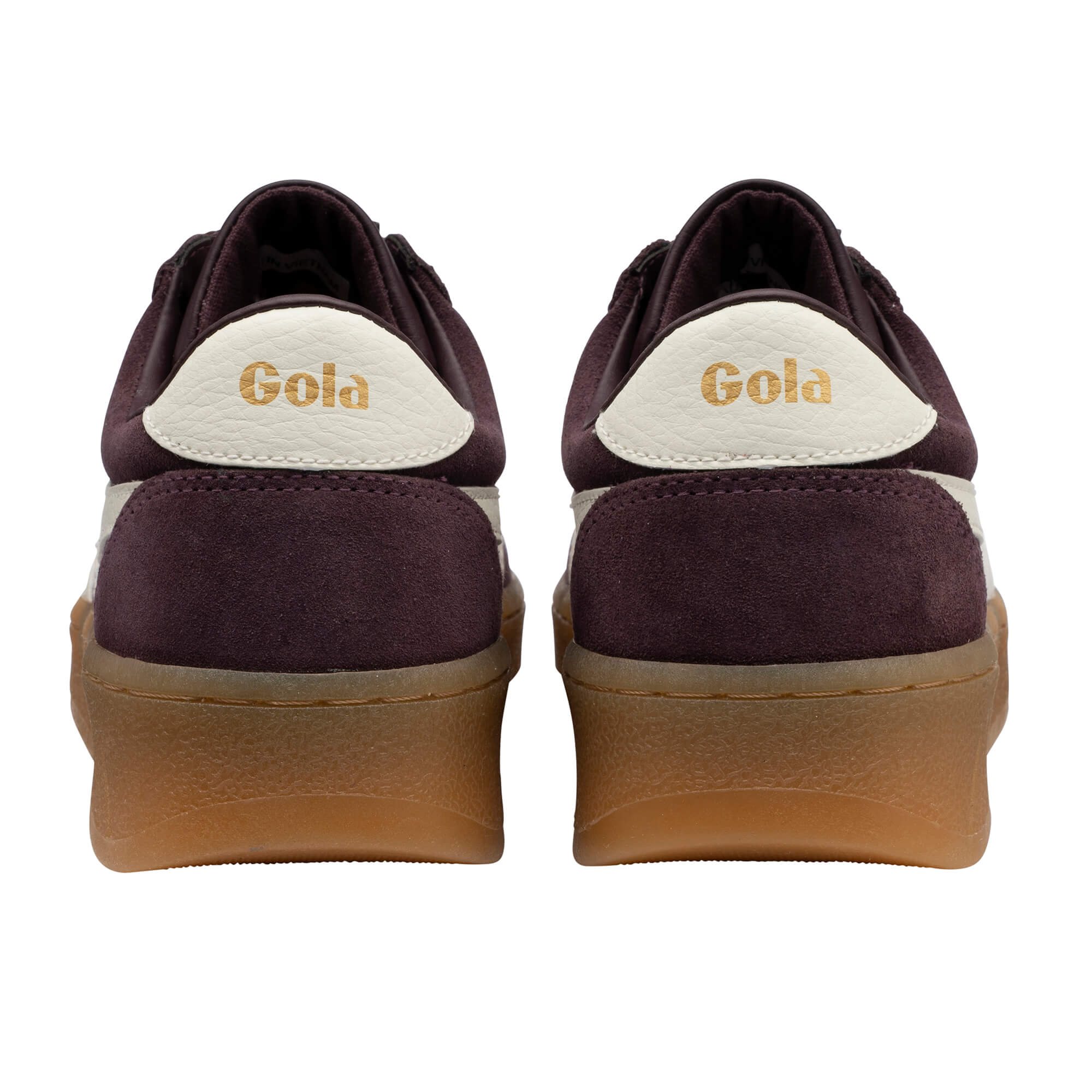 Pair of Gola trainers, burgundy suede with cream trim and gum soles, rear view