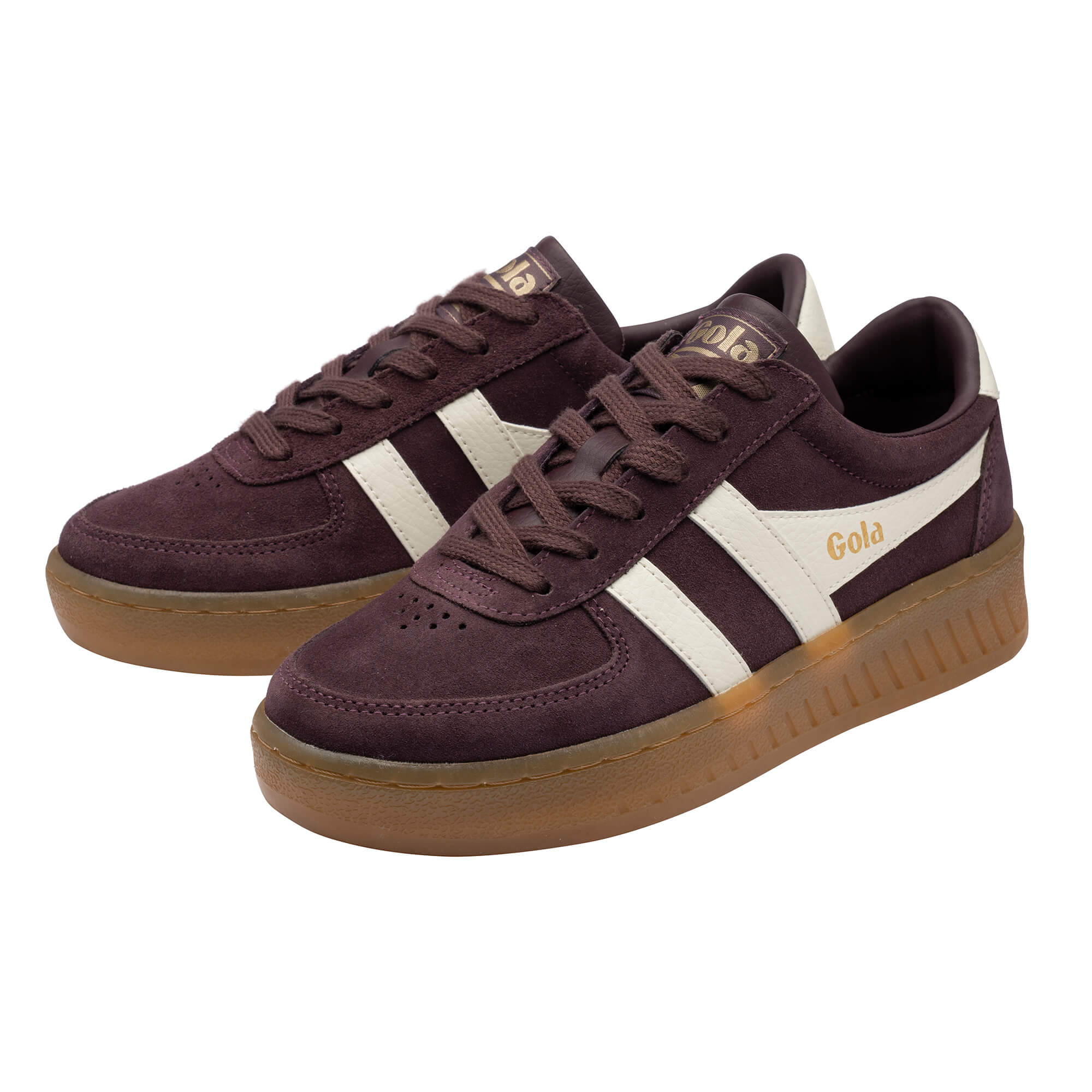 Pair of Gola Elan trainers in burgundy suede with off-white stripes and gum soles