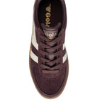 Gola Harrier suede trainers in burgundy with white stripes and a gum sole