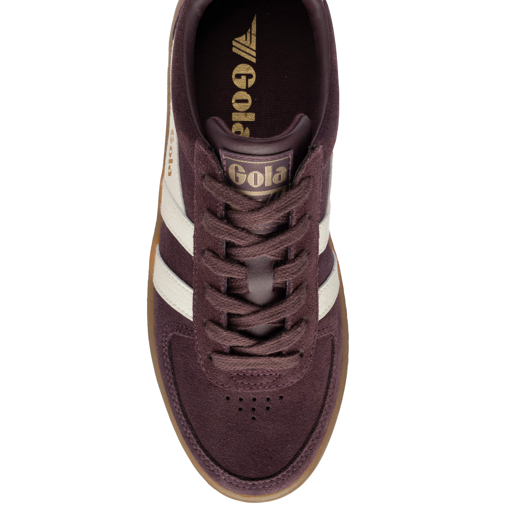 Gola Harrier suede trainers in burgundy with white stripes and a gum sole