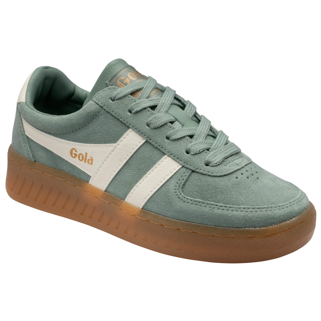 Gola women's trainer in green suede with white stripes and a brown sole
