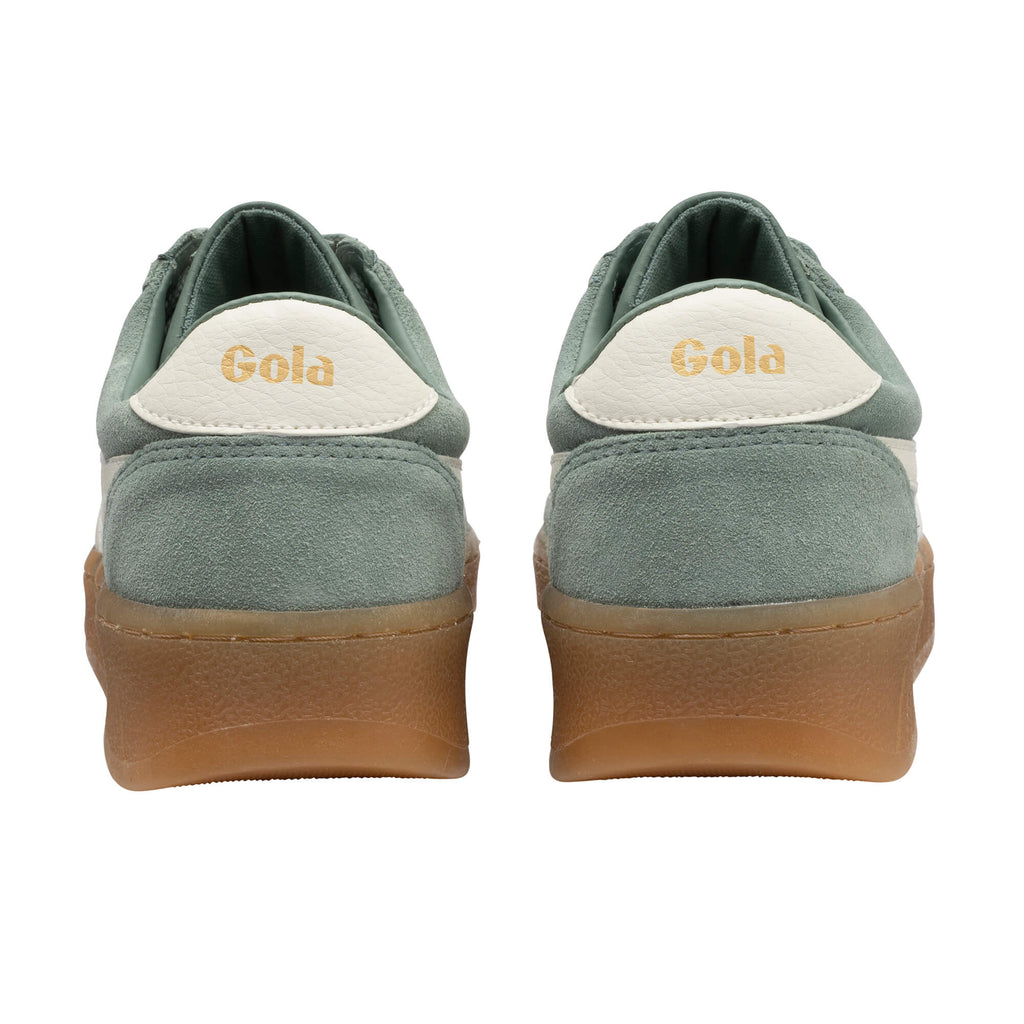 Rear view of two Gola trainers in green suede with white trim and brown soles